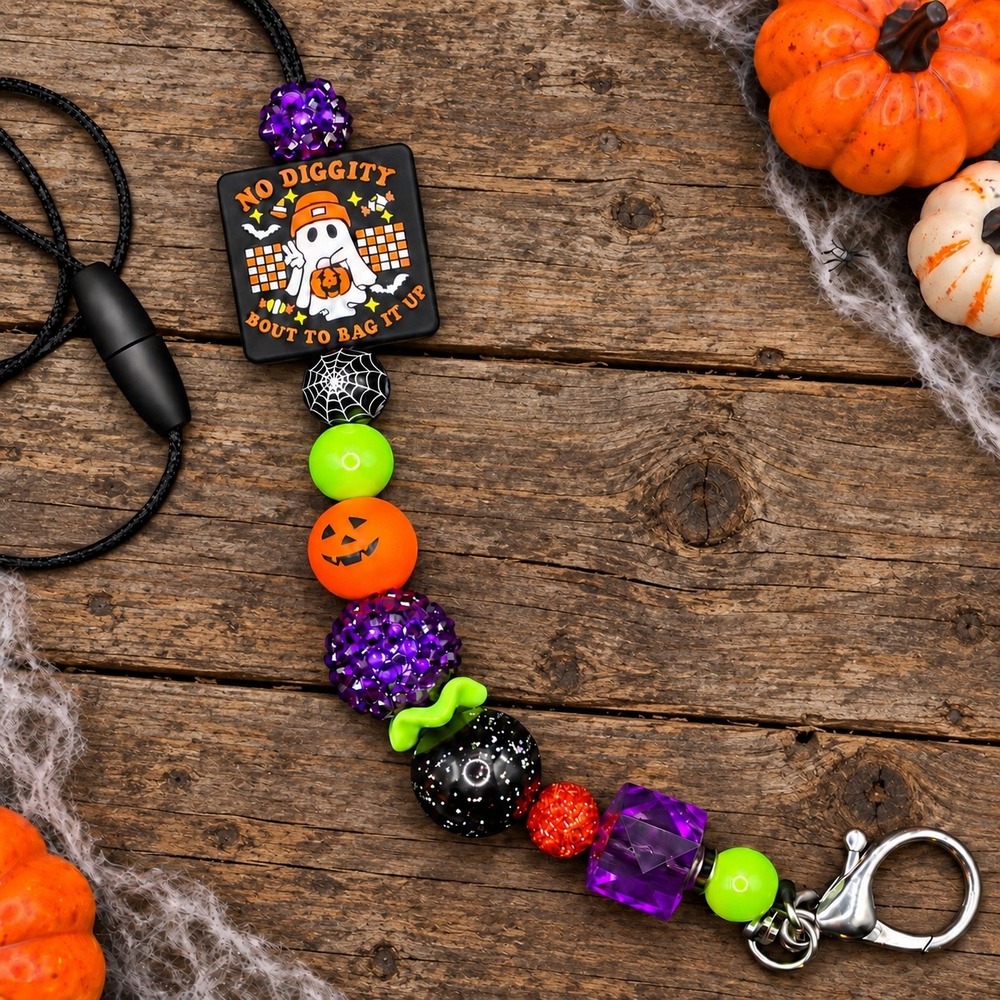Halloween Lanyard "No Diggity" Ghost Beaded ID Badge Holder Teacher Gift Black
